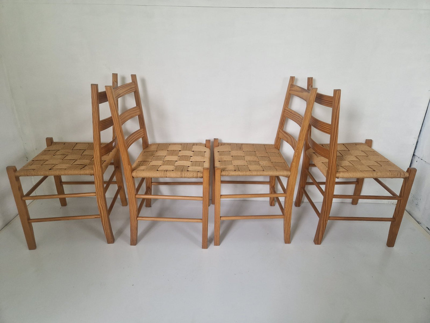 4 Scandinavian Pine Wood Paper Cord Chairs, 1960s, Set of 4