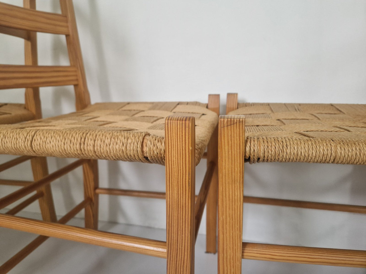 4 Scandinavian Pine Wood Paper Cord Chairs, 1960s, Set of 4