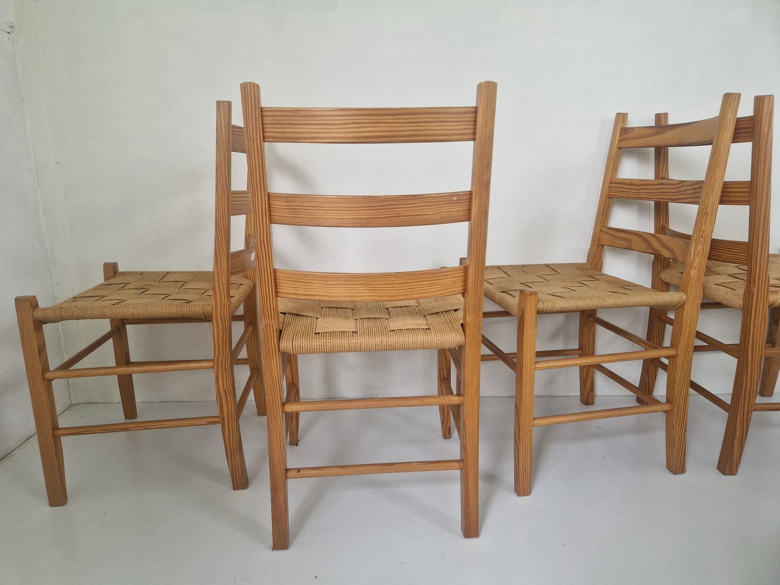 4 Scandinavian Pine Wood Paper Cord Chairs, 1960s, Set of 4