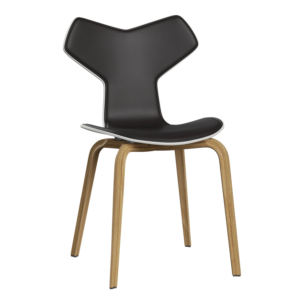 Grand Prix™ - 4130, Front Upholstered (Shell - Coloured Veneer / Ash - White (105) / Upholstery Material - Aura Leather / Base - Clear Lacquered Veneer / Oak / Seat height - 46 cm / feet with felt - Yes) by Fritz Hansen #Aura Leather / Black Brown