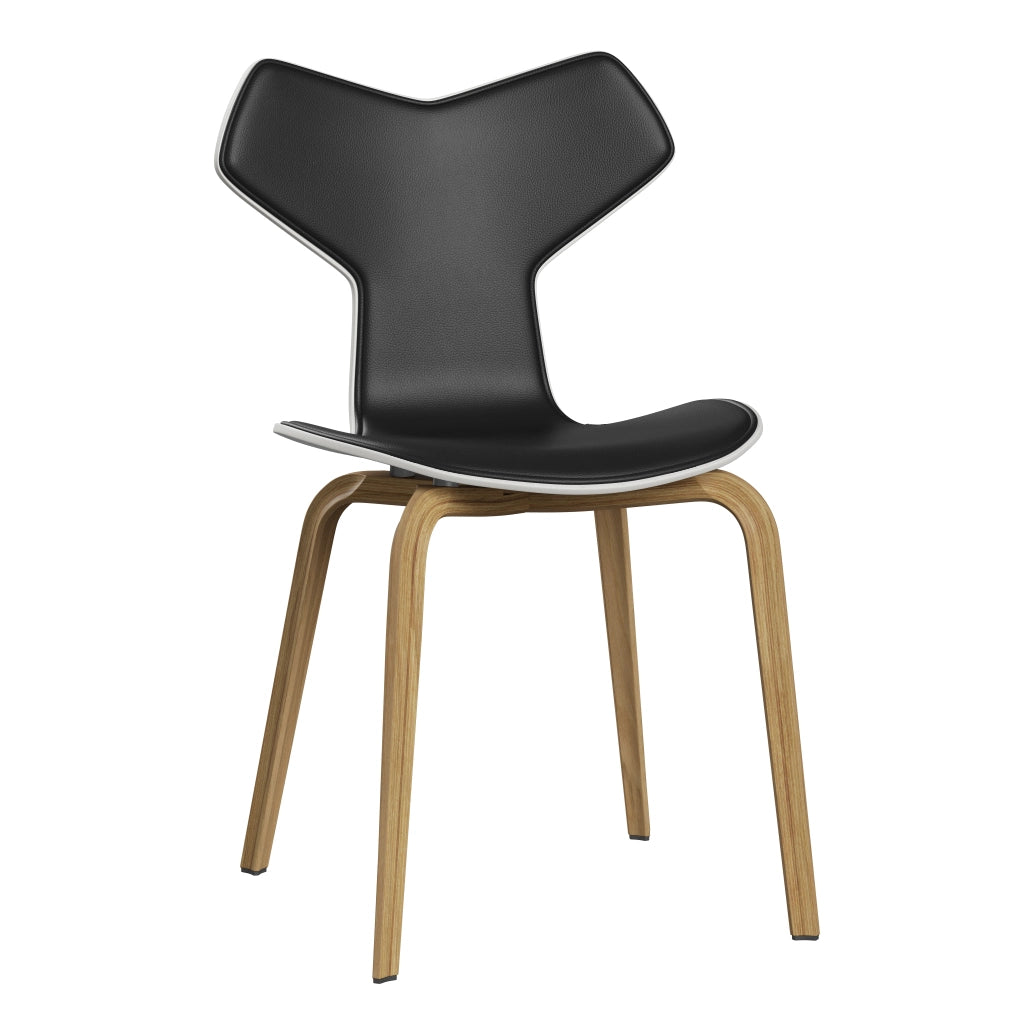 Grand Prix™ - 4130, Front Upholstered (Shell - Coloured Veneer / Ash - White (105) / Upholstery Material - Aura Leather / Base - Clear Lacquered Veneer / Oak / Seat height - 46 cm / feet with felt - Yes) by Fritz Hansen #Aura Leather / Black