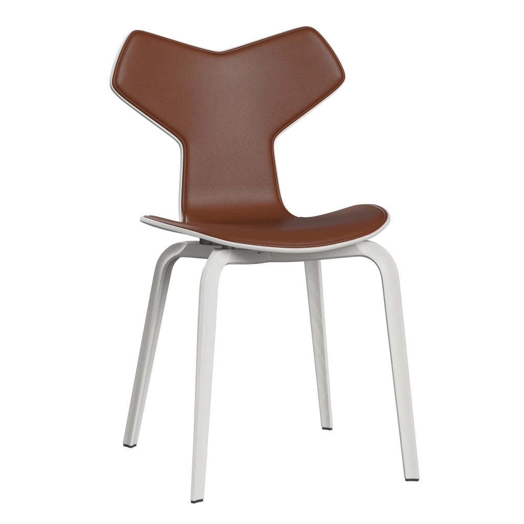 Grand Prix™ - 4130, Front Upholstered (Shell - Coloured Veneer / Ash - White (105) / Upholstery Material - Aura Leather / Base - Coloured Veneer / Ash - White (105) / Seat height - 46 cm / feet with felt - Yes) by Fritz Hansen #Aura Leather / Cognac