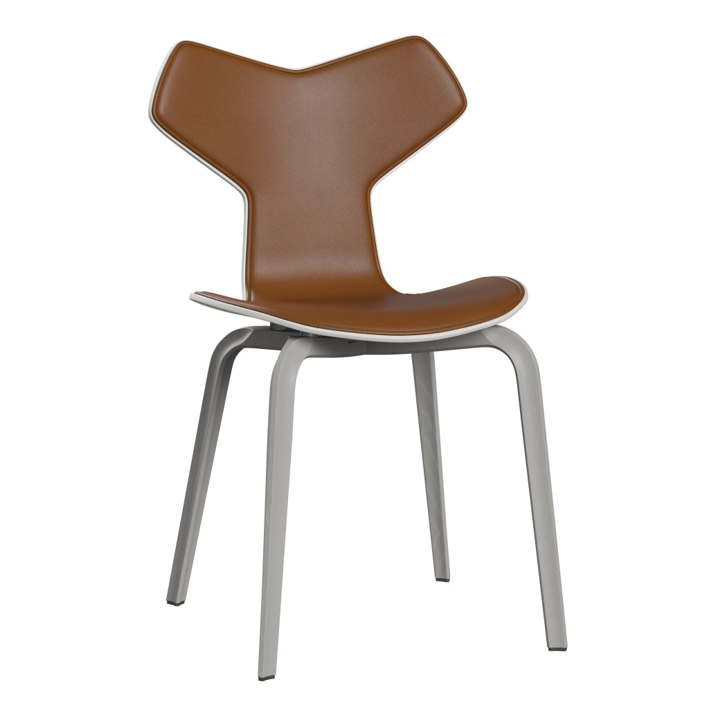 Grand Prix™ - 4130, Front Upholstered (Shell - Coloured Veneer / Ash - White (105) / Upholstery Material - Aura Leather / Base - Coloured Veneer / Ash - Nine Grey (155) / Seat height - 46 cm / feet with felt - Yes) by Fritz Hansen #Aura Leather / Walnut