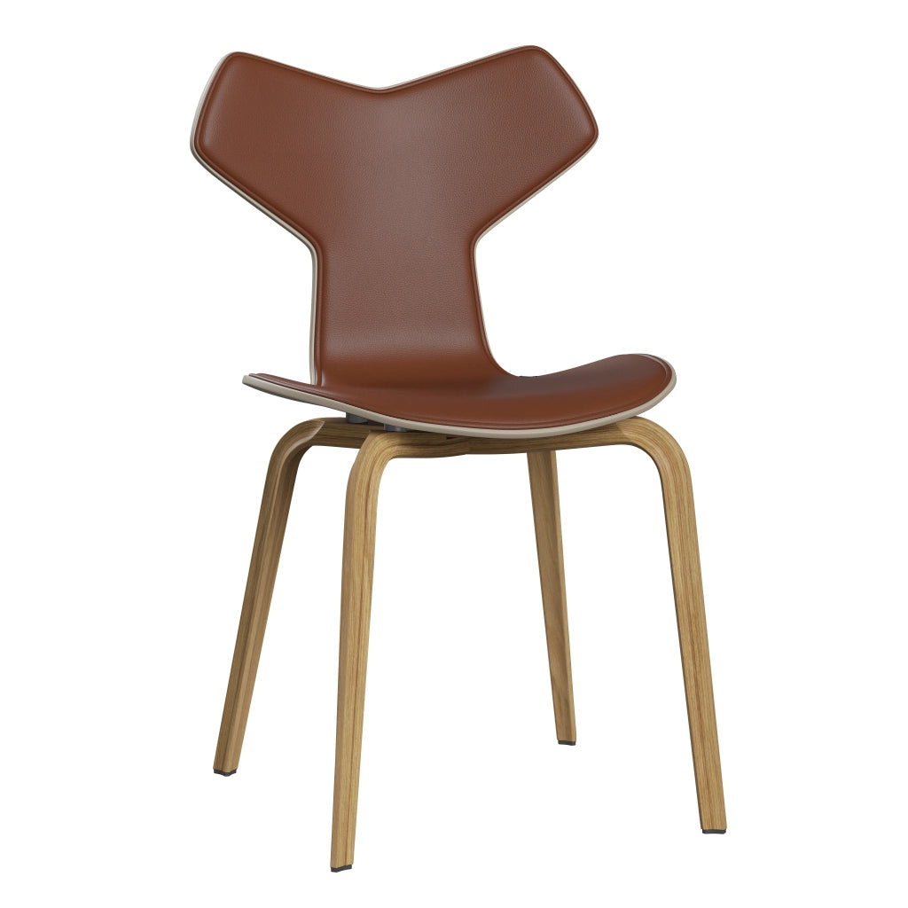 Grand Prix™ - 4130, Front Upholstered (Shell - Coloured Veneer / Ash - Light Beige (135) / Upholstery Material - Aura Leather / Base - Clear Lacquered Veneer / Oak / Seat height - 46 cm / feet with felt - Yes) by Fritz Hansen #Aura Leather / Cognac