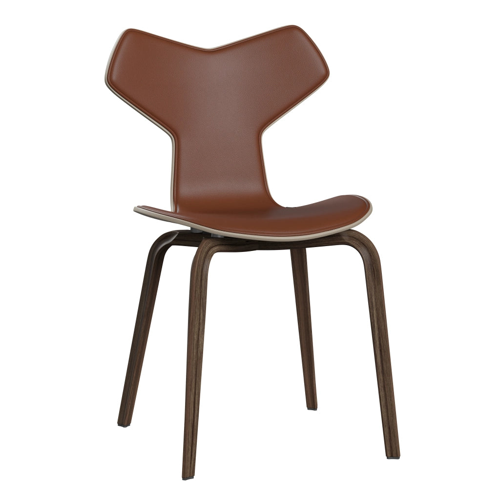 Grand Prix™ - 4130, Front Upholstered (Shell - Coloured Veneer / Ash - Light Beige (135) / Upholstery Material - Aura Leather / Base - Clear Lacquered Veneer / Walnut / Seat height - 46 cm / feet with felt - Yes) by Fritz Hansen #Aura Leather / Cognac