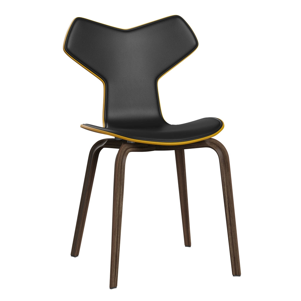 Grand Prix™ - 4130, Front Upholstered (Shell - Coloured Veneer / Ash - True Yellow (465) / Upholstery Material - Aura Leather / Base - Clear Lacquered Veneer / Walnut / Seat height - 46 cm / feet with felt - Yes) by Fritz Hansen #Aura Leather / Black