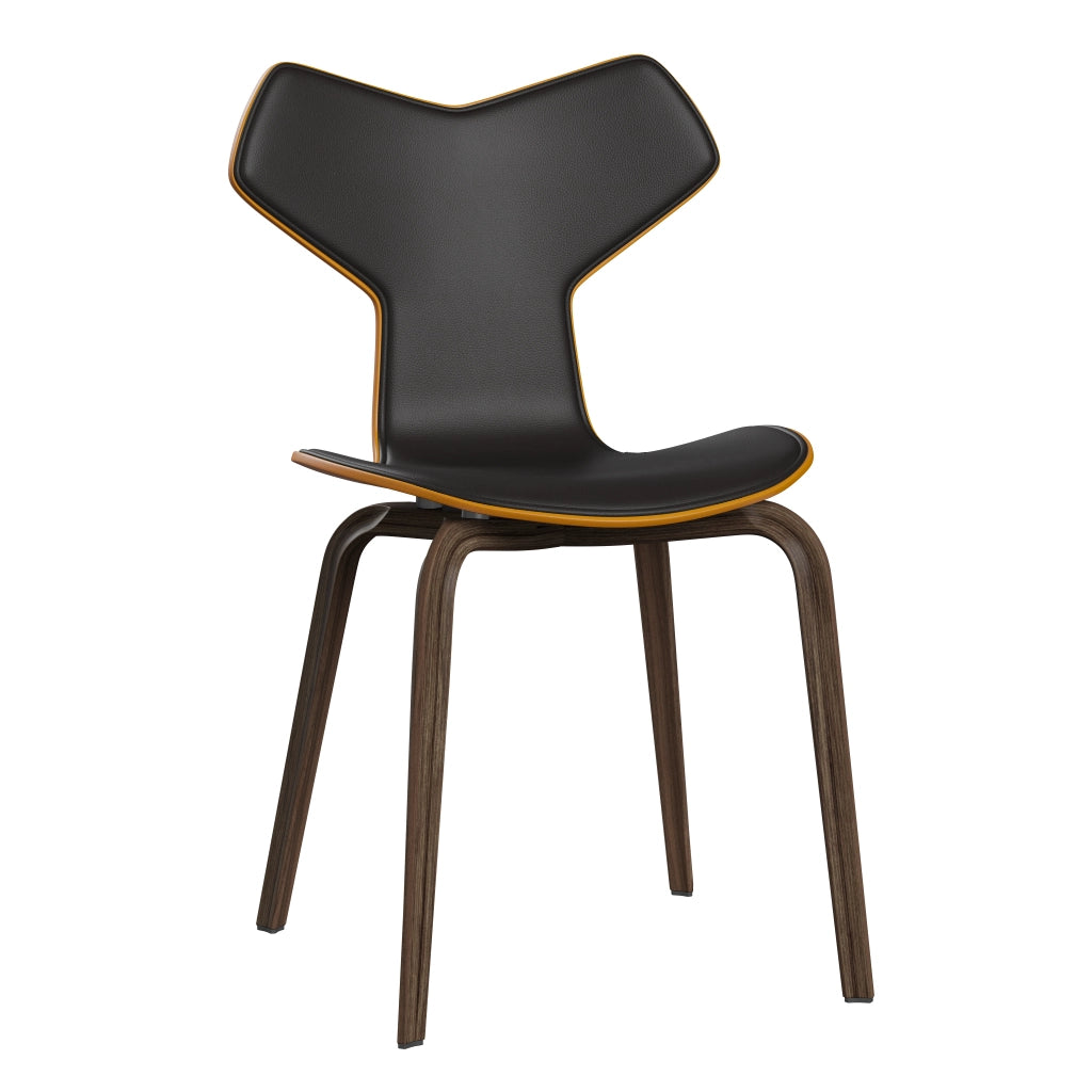 Grand Prix™ - 4130, Front Upholstered (Shell - Coloured Veneer / Ash - Burnt Yellow (475) / Upholstery Material - Aura Leather / Base - Clear Lacquered Veneer / Walnut / Seat height - 46 cm / feet with felt - Yes) by Fritz Hansen #Aura Leather / Black Brown