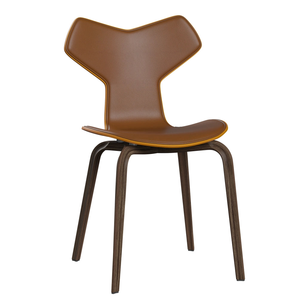 Grand Prix™ - 4130, Front Upholstered (Shell - Coloured Veneer / Ash - Burnt Yellow (475) / Upholstery Material - Aura Leather / Base - Clear Lacquered Veneer / Walnut / Seat height - 46 cm / feet with felt - Yes) by Fritz Hansen #Aura Leather / Walnut