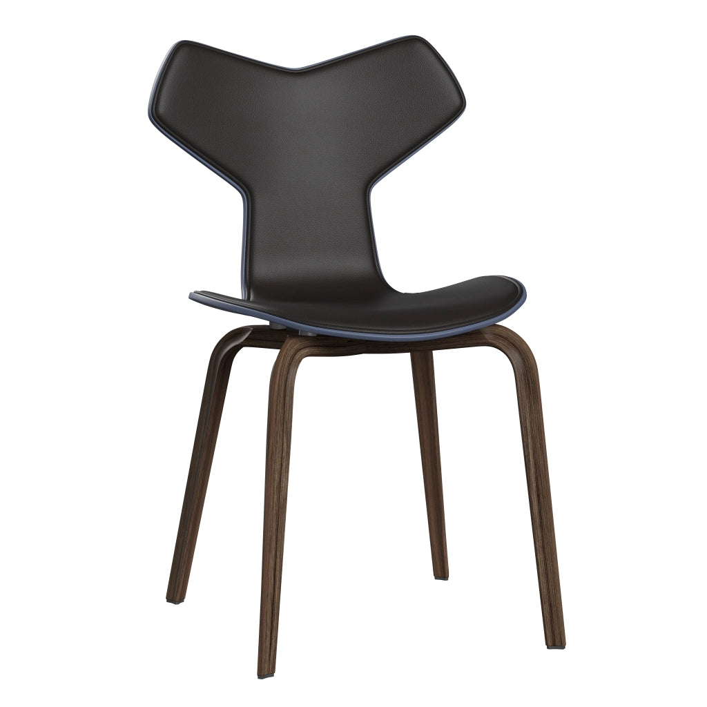 Grand Prix™ - 4130, Front Upholstered (Shell - Coloured Veneer / Ash - Dusk Blue (855) / Upholstery Material - Aura Leather / Base - Clear Lacquered Veneer / Walnut / Seat height - 46 cm / feet with felt - Yes) by Fritz Hansen #Aura Leather / Black Brown