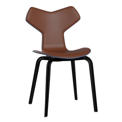Grand Prix™ - 4130, Front Upholstered (Shell - Coloured Veneer / Ash - Dusk Blue (855) / Upholstery Material - Aura Leather / Base - Coloured Veneer / Ash - Black (195) / Seat height - 46 cm / feet with felt - Yes) by Fritz Hansen #Aura Leather / Cognac