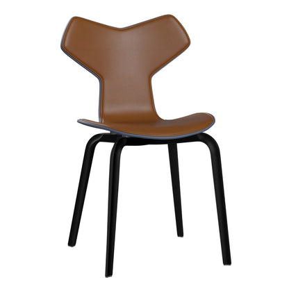 Grand Prix™ - 4130, Front Upholstered (Shell - Coloured Veneer / Ash - Dusk Blue (855) / Upholstery Material - Aura Leather / Base - Coloured Veneer / Ash - Black (195) / Seat height - 46 cm / feet with felt - Yes) by Fritz Hansen #Aura Leather / Walnut