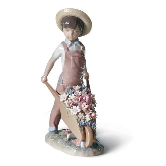 Wheelbarrow with Flowers Boy Figurine by Lladró