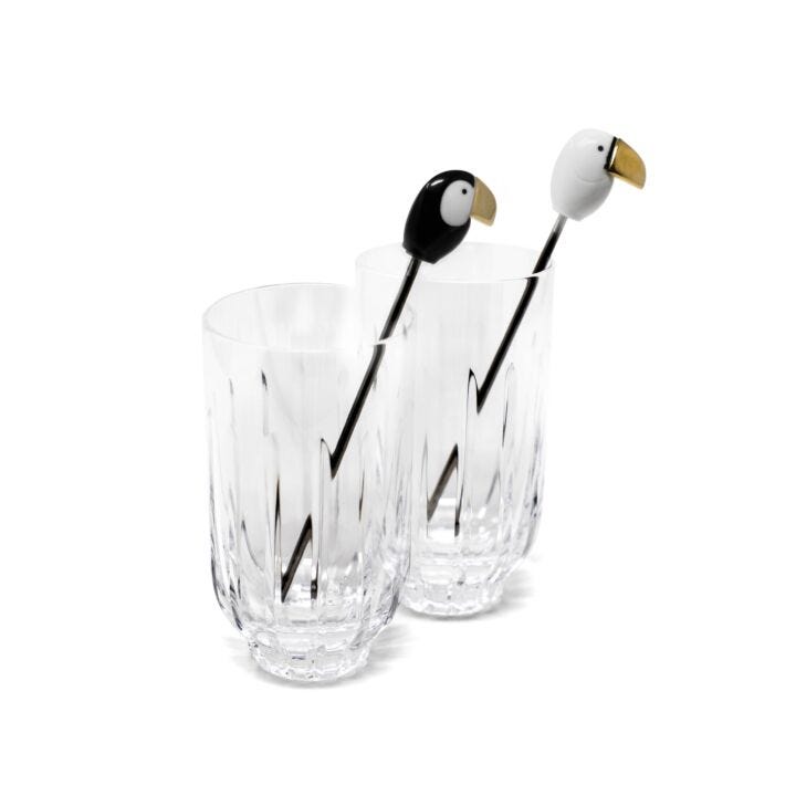 Toucan 2 tall Crystal Glasses + 2 Stirrers Set by Lladró #Golden Luster