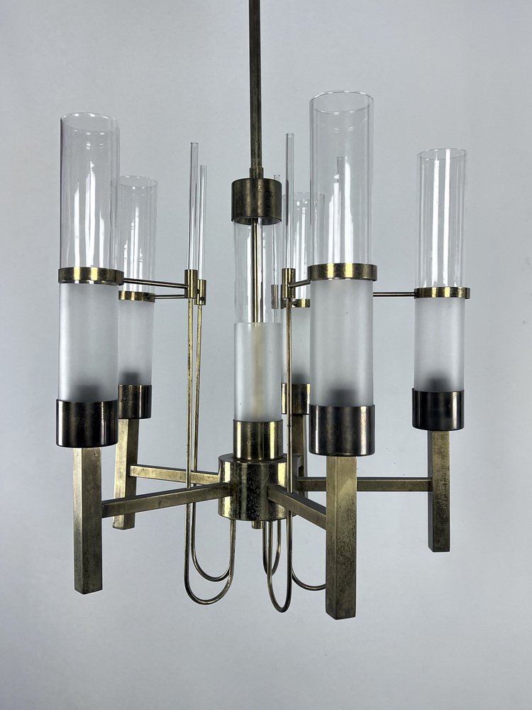 5-Arm Brass and Glass Tube Chandelier from Sciolari, Italy, 1960s