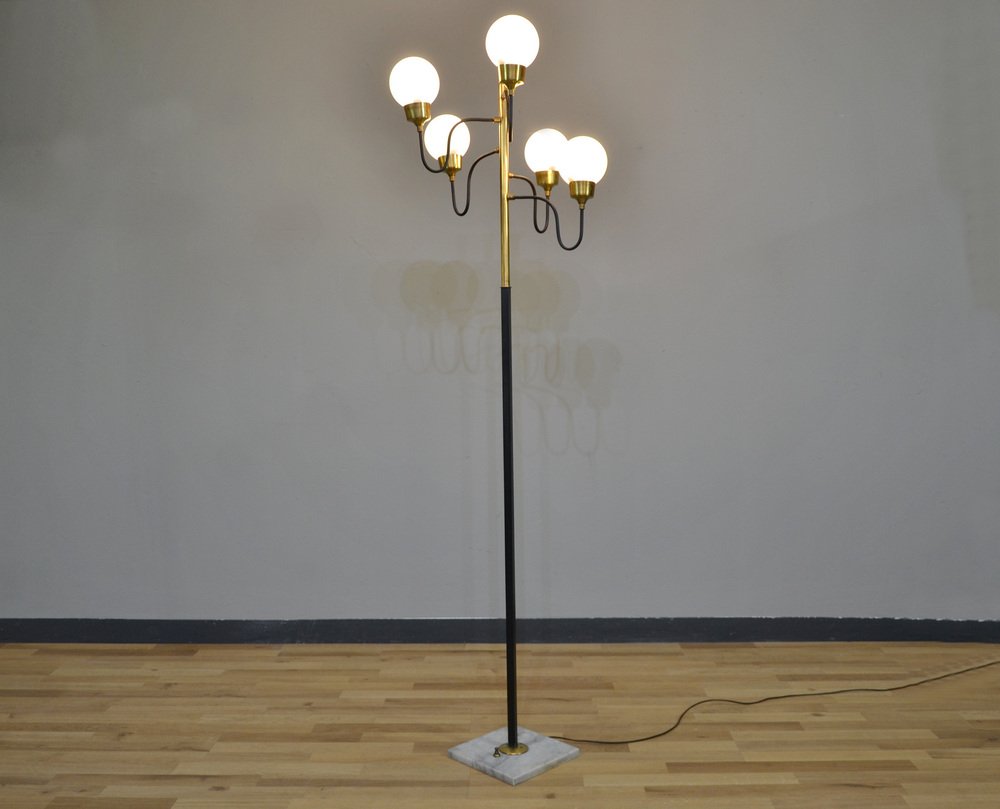 5-Light Marble and Glass Floor Lamp, Italy, 1950s