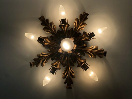 6-light Gilded Foliage Ceiling Lamp by Li Puma Firenze, Italy, 1960s-MZP-1780598