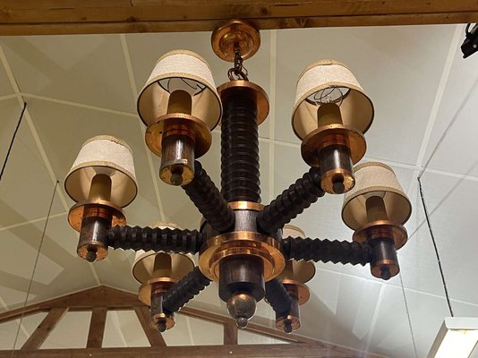 6-Light Oak Chandelier, 1950s-QYF-2042025