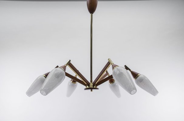 6-Light Sputnik Ceiling Lamp in Teak, Brass and Glass, 1950s-KQB-1427888