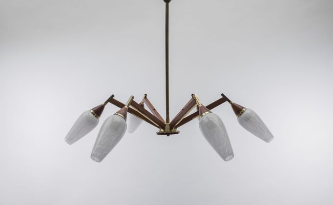 6-Light Sputnik Ceiling Lamp in Teak, Brass and Glass, 1950s-KQB-1427888