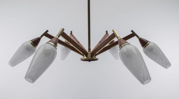 6-Light Sputnik Ceiling Lamp in Teak, Brass and Glass, 1950s-KQB-1427888