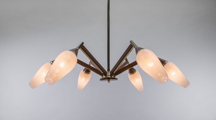 6-Light Sputnik Ceiling Lamp in Teak, Brass and Glass, 1950s-KQB-1427888