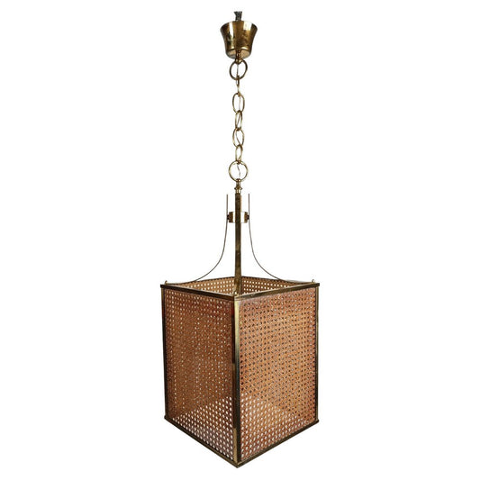 70s Pendant Light Made in Brass Glass & Cane Webbing, Chinese Chippendale Style, 1970s