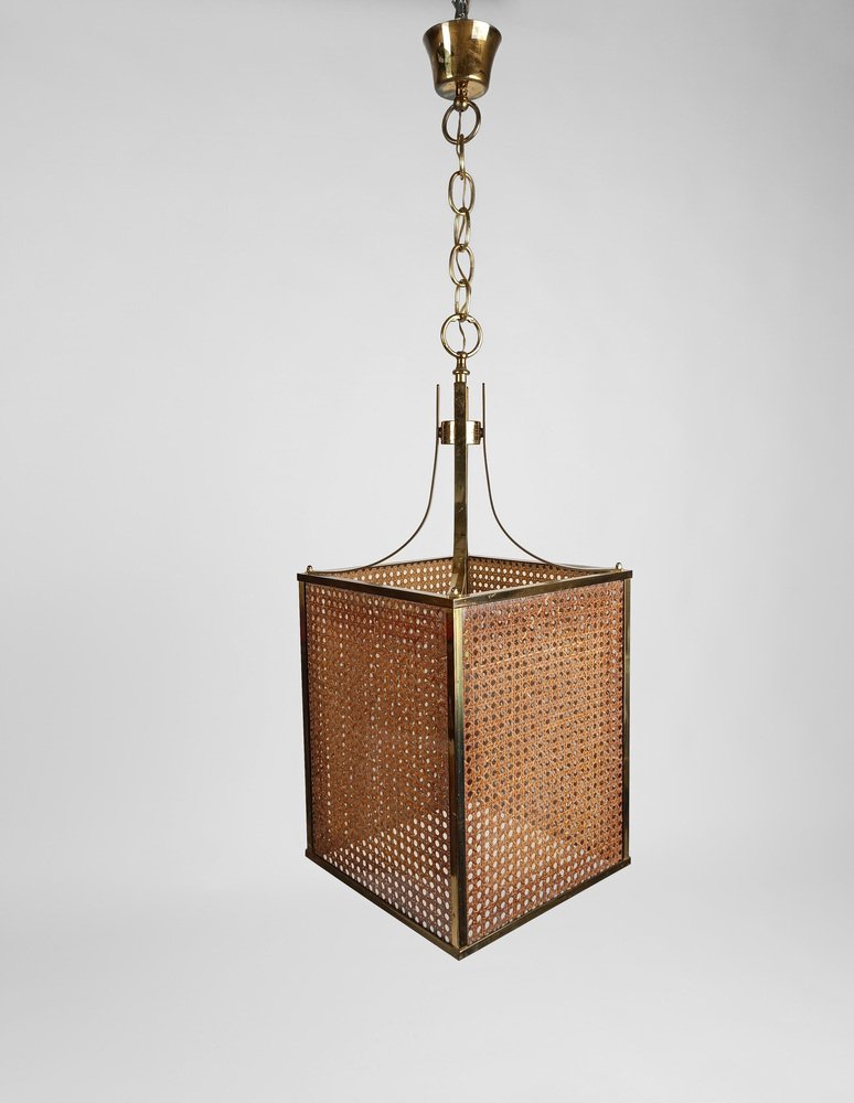 70s Pendant Light Made in Brass Glass & Cane Webbing, Chinese Chippendale Style, 1970s