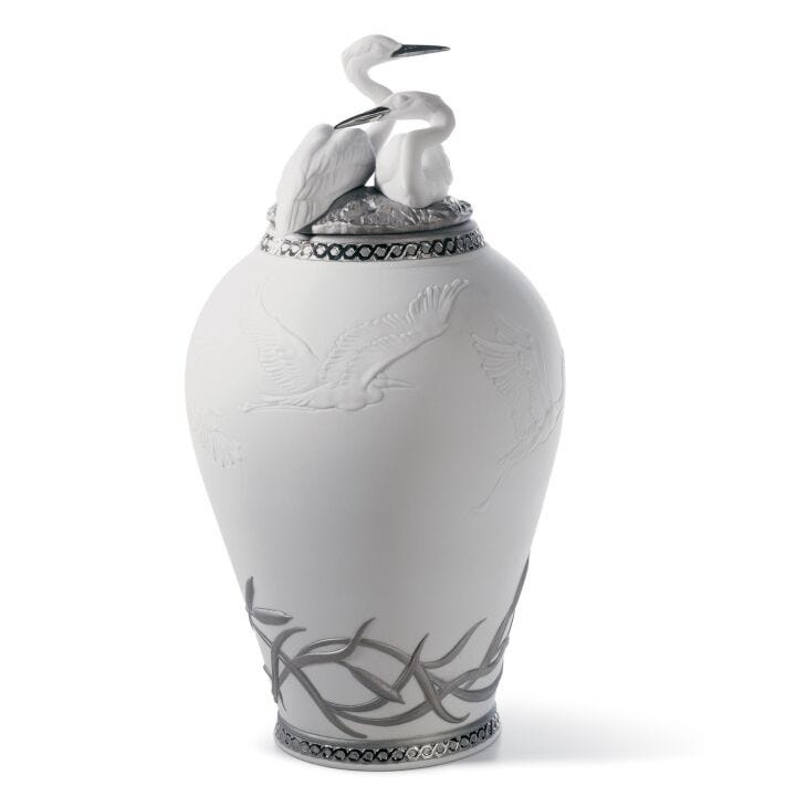 Herons Realm Covered Vase Figurine by Lladró #Silver Lustre