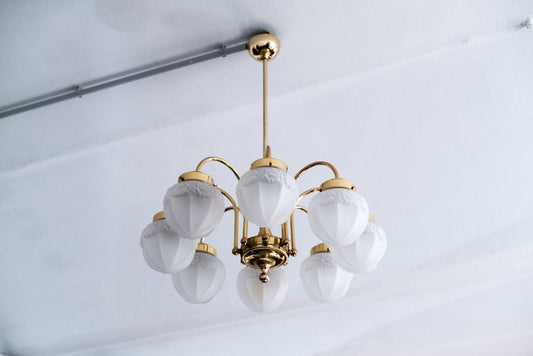 8-Flame Brass Ceiling Lamp in Art Nouveau Style