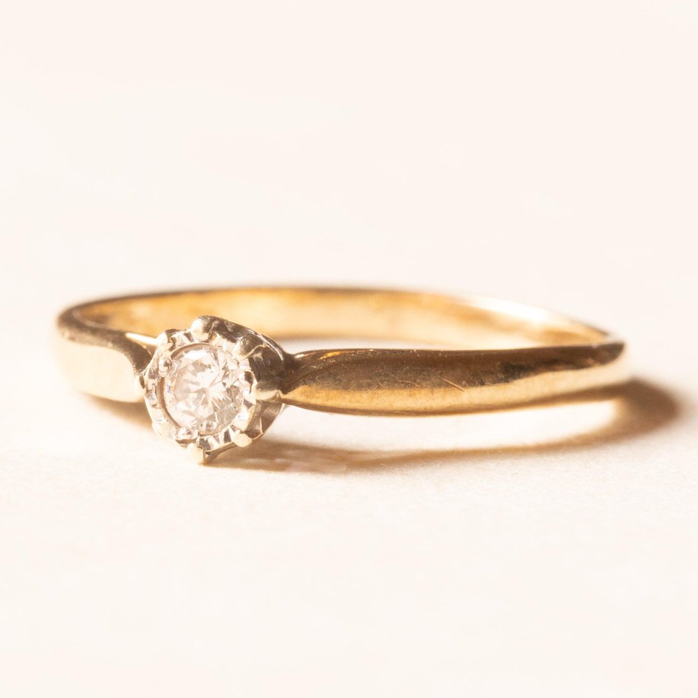 9k Solitaire Ring in Yellow and White Gold with Brilliant Cut Diamond, 1970s