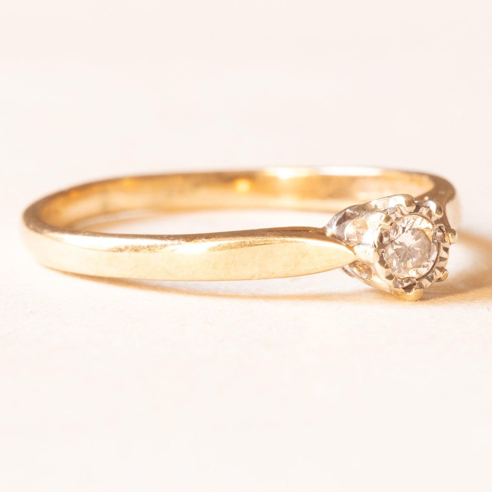 9k Solitaire Ring in Yellow and White Gold with Brilliant Cut Diamond, 1970s