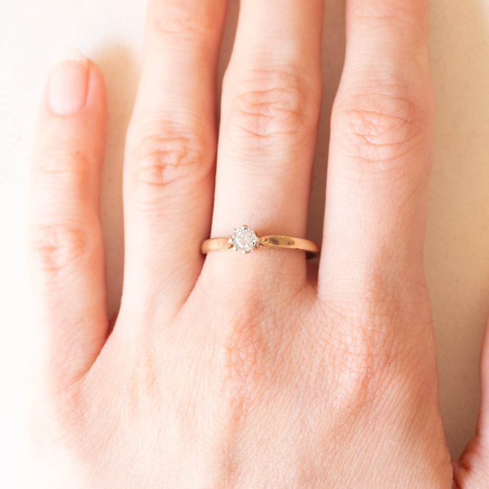 9k Solitaire Ring in Yellow and White Gold with Brilliant Cut Diamond, 1970s