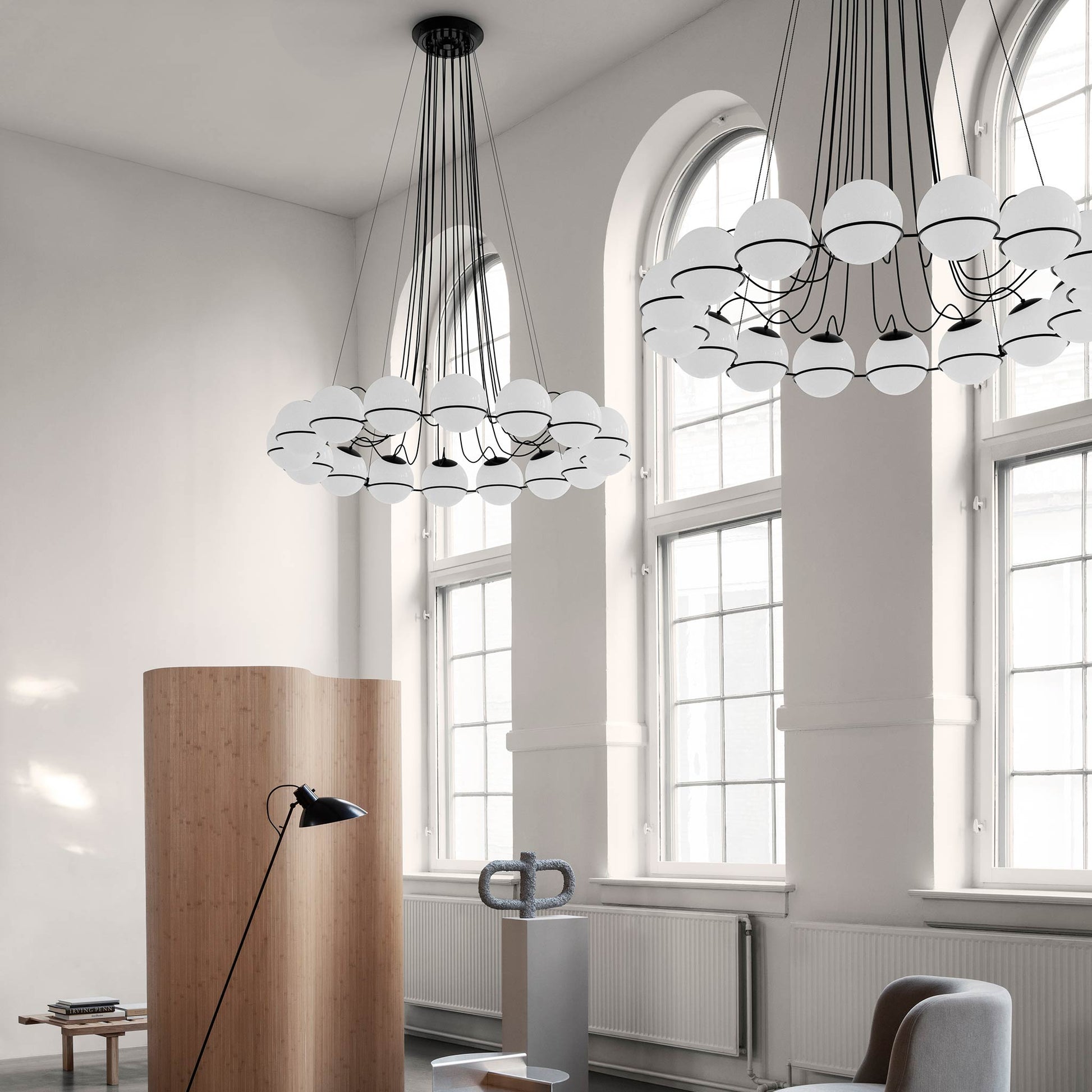 Suspension Lamp Model 2109/16/20 by Astep #16 Opaline Spheres (20cm Diameter) / Black Structure