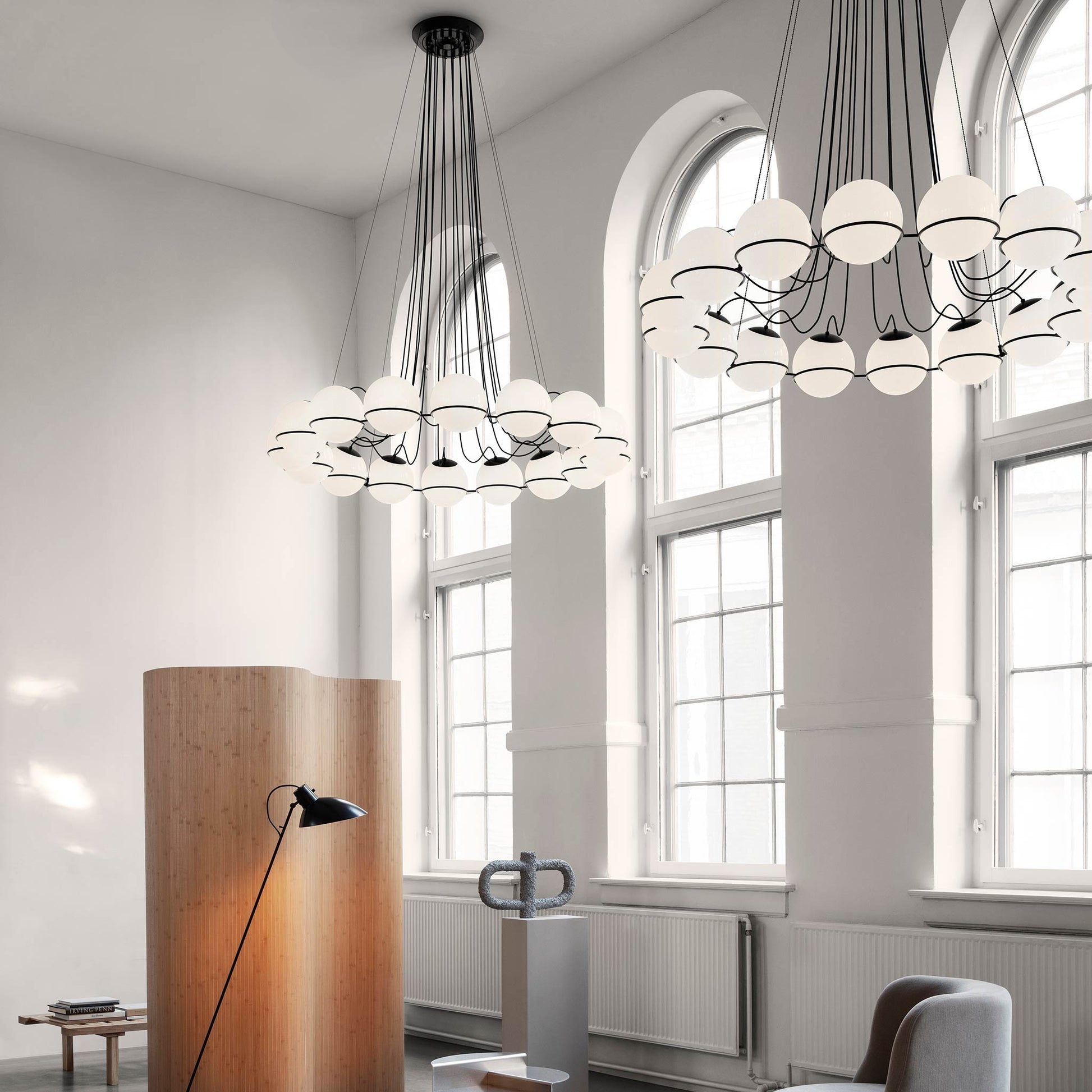 Suspension Lamp Model 2109/16/20 by Astep #16 Opaline Spheres (20cm Diameter) / Black Structure