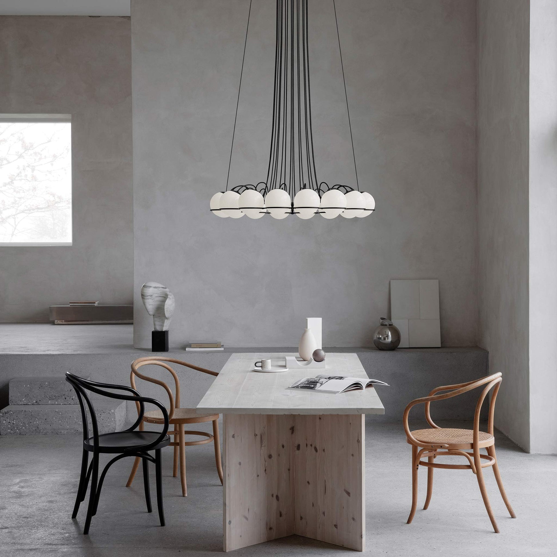 Suspension Lamp Model 2109/16/14 by Astep #16 Opaline Spheres (14cm Diameter) / Black Structure