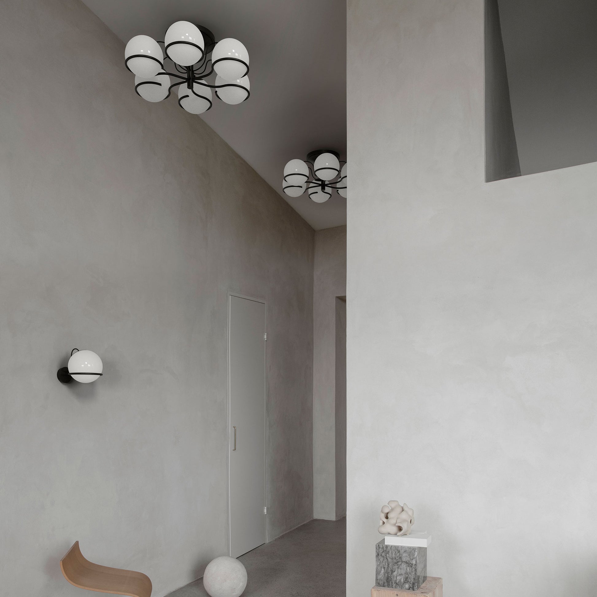 Ceiling Lamp Model 2042/6 by Astep #6 Opaline Spheres (20cm Diameter) / Black Mount