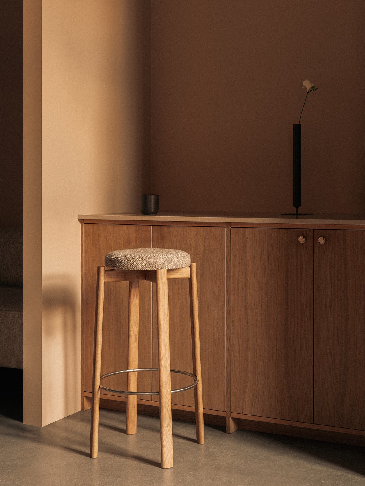 PASSAGE BAR STOOL, NATURAL OAK BASE, UPHOLSTERED SEAT
