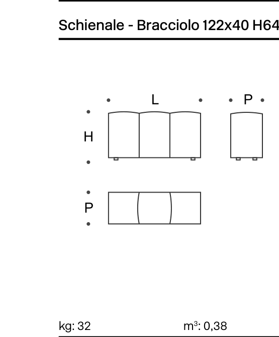 Pixel Backrest-Armrest 122x40 H64 - Cover Technical Drawing