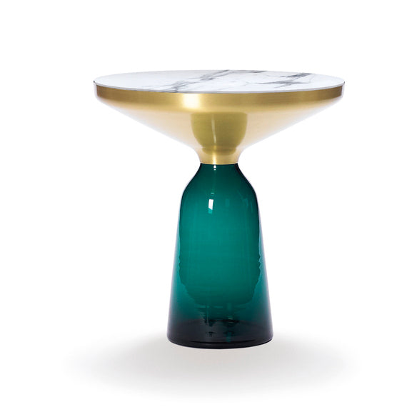 Bell Side Table Brass - Round Brass And Glass Side Table by Classicon #Emerald green Glass/Natural Brushed Brass/Bianco Carrara Marble