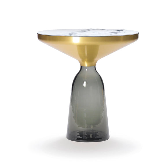 Bell Side Table Brass - Round Brass And Glass Side Table by Classicon #Quartz grey Glass/Natural Brushed Brass/Bianco Carrara Marble