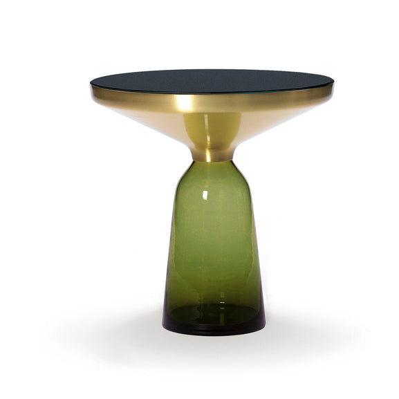 Bell Side Table Brass - Round Brass And Glass Side Table by Classicon #Olive green Glass/Natural Brushed Brass/Black lacquered Glass