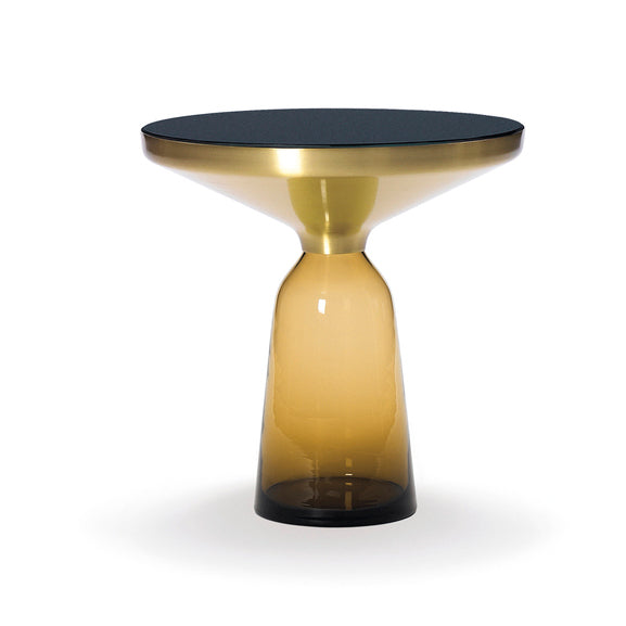 Bell Side Table Brass - Round Brass And Glass Side Table by Classicon #Amber orange Glass/Natural Brushed Brass/Black lacquered Glass