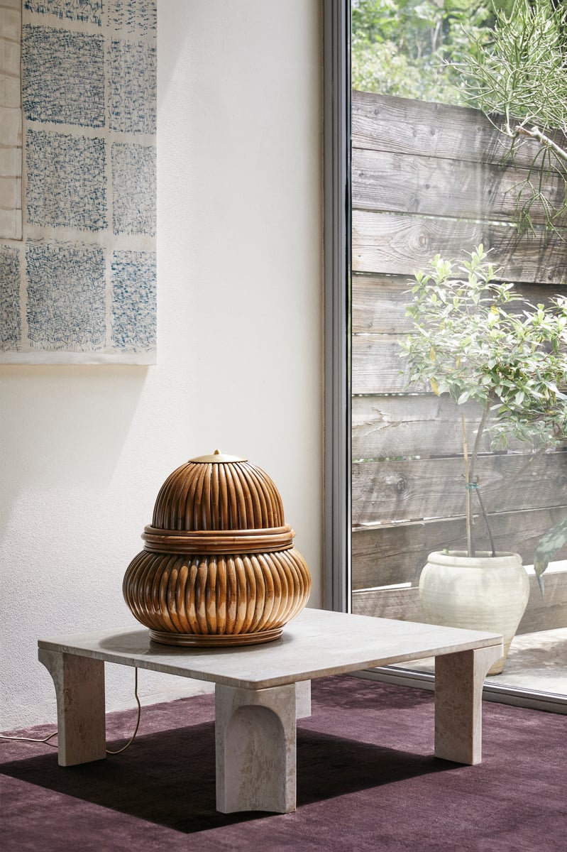 Doric coffee table, 80 x 80 cm, neutral white travertine