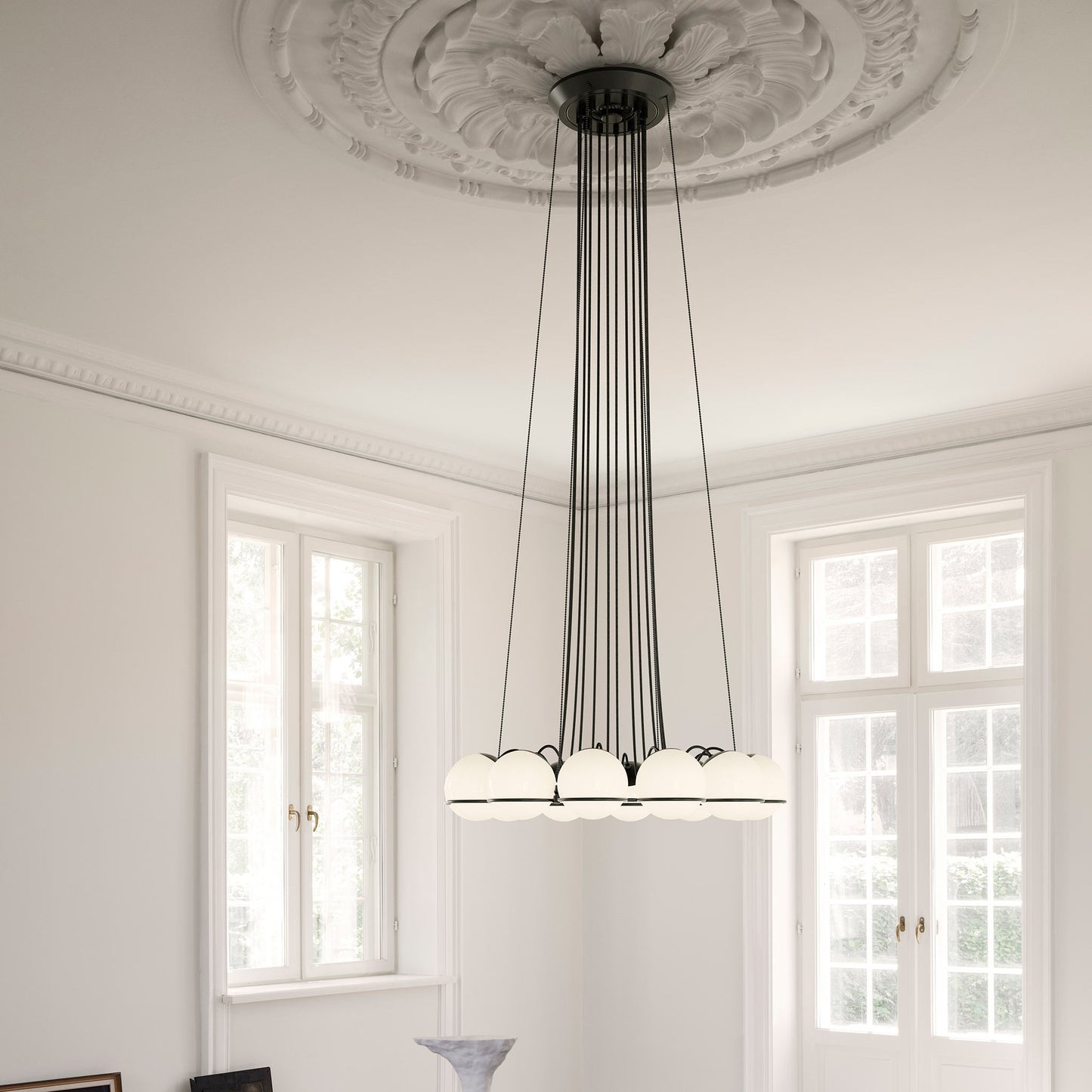 Suspension Lamp Model 2109/12/14 by Astep #12 Opaline Spheres (14cm Diameter) / Black Structure