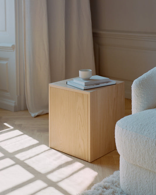Mass side table with drawer, oak