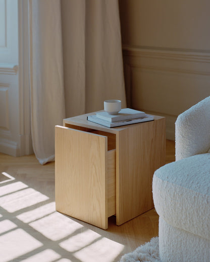 Mass side table with drawer, oak