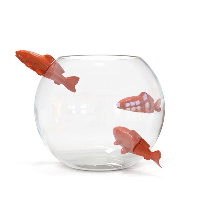 NO LIMIT Mouth-blown glass vase with 3 enamelled porcelain fishes by Roche Bobois #Red