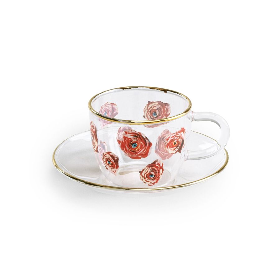 Borosilicate Glass coffee cup & saucer Roses by Seletti