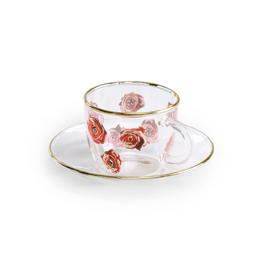 Borosilicate Glass coffee cup & saucer Roses by Seletti