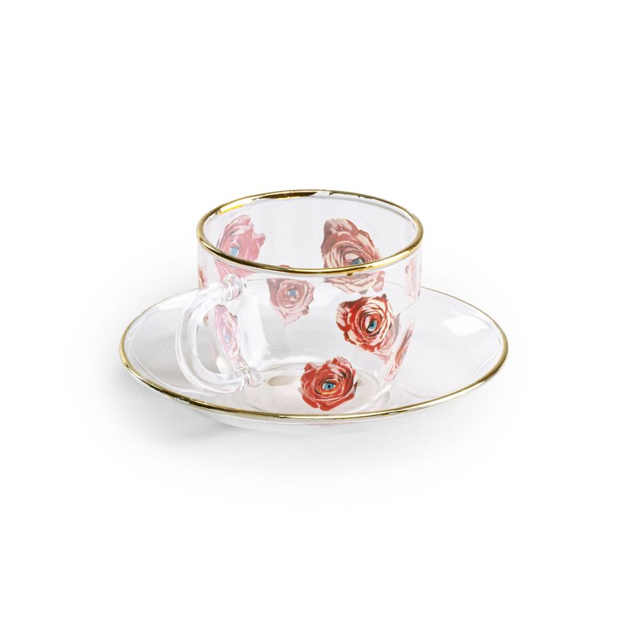 Borosilicate Glass coffee cup & saucer Roses by Seletti